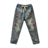 Sether Arts Style Kobiety Kwiat Haftowane Jeans Elastyczna Talia Luźne Dżnowie Harem Spodnie Plus Rozmiar Vintage Ripped D555 210629