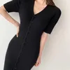 Korejpaa Women Dress Summer Korean Retro V-Neck Pit Strip Design Slim Single-Breasted Short-Sleeved Knitted Split Vestidos 210526