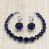 Earrings & Necklace Classic Round Royal Blue Crystal Silver Color Jewelry Set For Women Bracelet Bridal Birthday Gift Dubai
