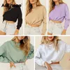 Aachoae Solid Casual Pull Sweat-shirt Femmes Batwing Manches longues Lâche Sports Style Tops courts O Cou Survêtement Sweats à capuche Lady 201030