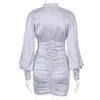 Colysmo Ruched Hollow Out Sexy Dress Silver Lantern Sleeve Turtleneck Party Black Bodycon Mini es Club Wear Vestidos 210527