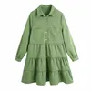 ZA Ruffle Mini Vert Blanc Robe Femmes À Manches Longues Robes De Printemps Plissées Femme Mode Bouton Up Élégant Robes 210602