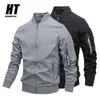 Męska Bombowiec Zipper Jacket Casual Kurtka Wstążka Mężczyźni Slim Fit Pilot Pilot Marka Stand-Collar Odzieży Outerwear Wiosna Jesień Płaszcz 210603