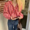 Vintage V-Neck Wzburzyć Bluzka Koszulka Causal Koreański Plaid Kobiety Topy Wiosna Z Długim Rękawem Blusas Feminimos 6E310 210603