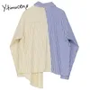 Yitimuceng Gestreifte Spliced Unregelmäßige Bluse Frauen Langarm Button Up Shirts Gerade Frühling Drehen-unten Kragen Tops 210601