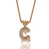 Cool Design Hip Hop Style CZ Micro Pave Crown Initial Letter Pendant Rope Chain Necklace Gold and Silver