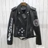 FMFSSOM Spring Women Faux Leather Jacket Turn-Down Collar Letter Print Epaulet Rivet Zipper Lady Letter Vintage Biker Ytterkläder 210908