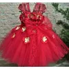 Filles Pétales roses Dentelle Tutu enfants robe de fleur robe de bal avec arc de ruban d'arc de noël mariage costume costume de fête 210317