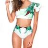Women Ruffle Bikini Set Floral Printed High Waist Swimwear Single Shoulder Summer Beachwear Push Up Flounce Swimsuit Bath Suit 210305