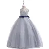 New Arrival Jewel Neck Grey Red Flower Girls Dresses Floor Length Princess Dresses for Kids with Sash Little Girl Party Dresses