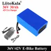 Liitokala 36V 20Ah 30Ah 25Ah 15Ah 18650 리튬 배터리 팩 전기 스쿠터 오토바이 자전거 BMS 및 42V 2A 충전기 T 플러그