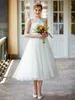 Superbes robes de mariée robe nuptiale en dentelle applique Bateau décolleté en tulle longueur de thé sur mesure