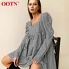 OOTN Black White Plaid Female Autumn Casual Mini Dress Puff Sleeve Square Neck Elegant Ladies Vintage A Line Women Dresses 210806