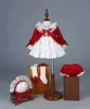 4 sztuk dziewczyna jesień zima wiosna czerwony aksamitny vintage hiszpański księżniczka lolita pompom piłka Boże Narodzenie urodziny wesele sukienka Q0716