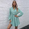 Print Lange Mouwen Stand Kraag Ruche Elegante Jurk Dames Boho Casual Boven Knie Hoge Taille Streetwear Beach Party Jurken 210608