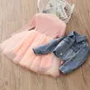 90cm 2 ans enfants printemps automne veste en jean avec poche + robe en dentelle à manches longues 2 pièces ensemble pour 18M 24M bébé filles 210529