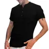 Mężczyzna z krótkim rękawem Lniana Przycisk T-shirt O-Neck Fashion Lato Solid Casual Cotton Henley Luźna Bluzka Tee Top Men Odzież 210716