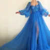 Kalterowa Szyja Linii Suknia Długie Wieczór Booma Simple Blue Prom Dresses Rękawy francuskie odsłonięte boning Illusion Dress High Slit Tulle Formalne Suknie