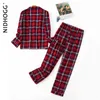 Langarm-Pyjama für Frauen, 100 % Baumwolle, kariert, rot, Nachtwäsche, Revers, lässiger Druck, Set, 2-teilig, Plus-Size-Pijamas, Heimkleidung 210928