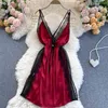 Сексуальная открытая обратная сетка кружева лоскутное глубокое v-образным вырезом сатин ночное платье женское мода летние спагетти ремешок на шнуровке мини-спать 210603