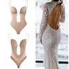 Body Shapewear Deep V-Neck Body Shaper Backless U Plunge Thong Shapers Waist Trainer Femmes Clear Strap Rembourré Push Up Corset 211112