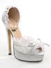 Charming Lady Bowtie Peep toe White Ruffles Lacework Sandals Woman Platform Ankle Strap Pleated Satin Cover High Heels Wedding Shoes