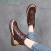 Retro Leather Colors Boots Mixed Lace Zipper Women Cow Front Up Round Toe Med Block Heels Black Casual Shoes 89676