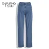 Charmingtrend kvinnors broderade jeans chic mid-waist ficka casual denim byxor rak tjej jeans byxor blå 210302