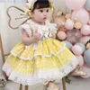 Summer Lolita Spanish Bow senza maniche Princess Ball Gown Party Dress Cute Girl Turkey Yellow Grid Rabbit For Bady Girl Q0716