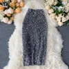 Ly Varey Lin Spring Women Sexy Sequins Penna Kjolar Elegant Mid Length Femme Trend High Waist Slim Shinny Skirt 210526