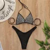 Perle diamants Sexy noir fronde Bikini été taille basse femmes nager string Triangle Micro brésilien femme plage