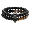 Pulsera con cuentas de piedra Natural para hombre, 2 unidades/juego, pulseras con dijes de calavera y corona a la moda, joyería Masculina, Pulseras para mujer