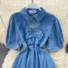 Summer Women Denim Dress Fashion Turn-down Collar Short Sleeve Hollow Out Front A-line Mini Jeans Vestidos 210603