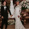 Elegant Royal Wedding Dresses 2021 Full Lace Mermaid Bridal Gown with Detachable Train Tier Church Vestido De Novia