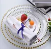 テーブルの装飾のための21cmの丸い結婚式の澄んだ皿のプレートゴールデンガラスビーズの充電器Patesプレート