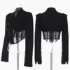 Costumes pour femmes Blazers 2022 Printemps Niche Design Fashion Street Style Sexy Col en V Creux Dentelle Couture Veste Haut Court Femmes Black Tide Cl