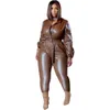 Women Pu Leather Skinny Rompers Designer Female Long Sleeve Casual One Piece Jumpsuit Fashion Trend Solid With Belt Button Up Bodysuits