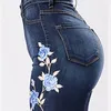 Damen Neuankömmling Blumen bestickte Jeans Mode Damen Qualitäts Denim Hose Blau Slim Jeans