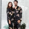 Mulheres seda cetim pijama conjunto 2 pcs manga completa Top Calças de estilo chinês ano o dragão impressão lounge homens pijamas pjamas pjs 211112