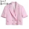 Sheblingbling 2 pièces femmes za blazer court ensemble vintage élégant veste crantée manteaux shorts double boutonnage tenues urbaines x0721