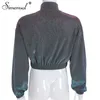Simenual Sequin Metallic Women Sweatshirt 지퍼 긴 소매 자르기 탑스 한국 특대 Turtleneck 후드 Streetwear Spring T200407