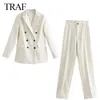TRAF Za Kobiety Jacktet Double Breasted Notched Blazer Office Garnitur Pantsuit Solidna Długie Rękaw + Spodnie Mujer 211006