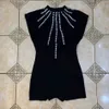 Luxury Women'S Short-Sleeved Sexy Hollow Beaded Black Bandage Jumpsuit Celebrity Fashion Party 210525