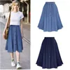 Skirts Loose Denim Spring Autumn Casual Dark Light Blue Elastic Waist Button Knee-Length Pleated Skirt For Women Free