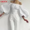 Ootn Sexig Slim Off Shoulder Women Shirt Blouses Lantern Sleeve Tunika Kvinna Top Laindes Shirt Pläterad Elegant Vit Blus Knapp 210721