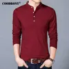 Coodrony T-shirt Erkekler İlkbahar Sonbahar Pamuk T Gömlek Katı Renk Çin Tarzı Mandarin Yaka Uzun Kollu Üst Tee 608 210629