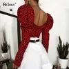 Sexy Crop Top Backless Polka Dot Shirts Frauen Lace Up Red V-Ausschnitt Puff Sleeve Woven Damen Bluse Herbst Sommer Streetwear 210303