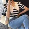 Korejpaa Dames Shirt Zomer Koreaanse Chic Retro Punse Collar Contrast Kleur Stitching Gestreepte Losse Puff Sleeve Knit Tops 210526