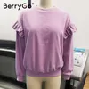 BerryGo Casual O Neck Frauen Sweatshirt Damen Tops Vintage Rüschen Lila Sweatshirt Langarm Herbst Pull Femme Trainingsanzug 201126