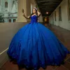 2021 Royal Blue Ball Gown Quinceanera dresses dechable sleeves 연인 얇은 명주 그물 레이스 Applique 코르셋 레이스 업 달콤한 16 드레스 파티 착용